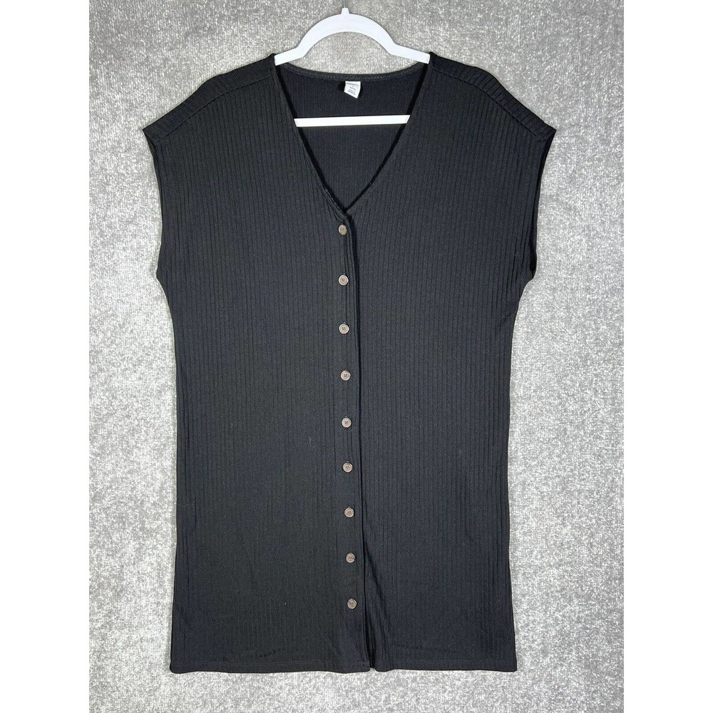 Old Navy Vneck Cap Sleeve Ribbed Button Up Shirt Dress Womens Large Petite Black